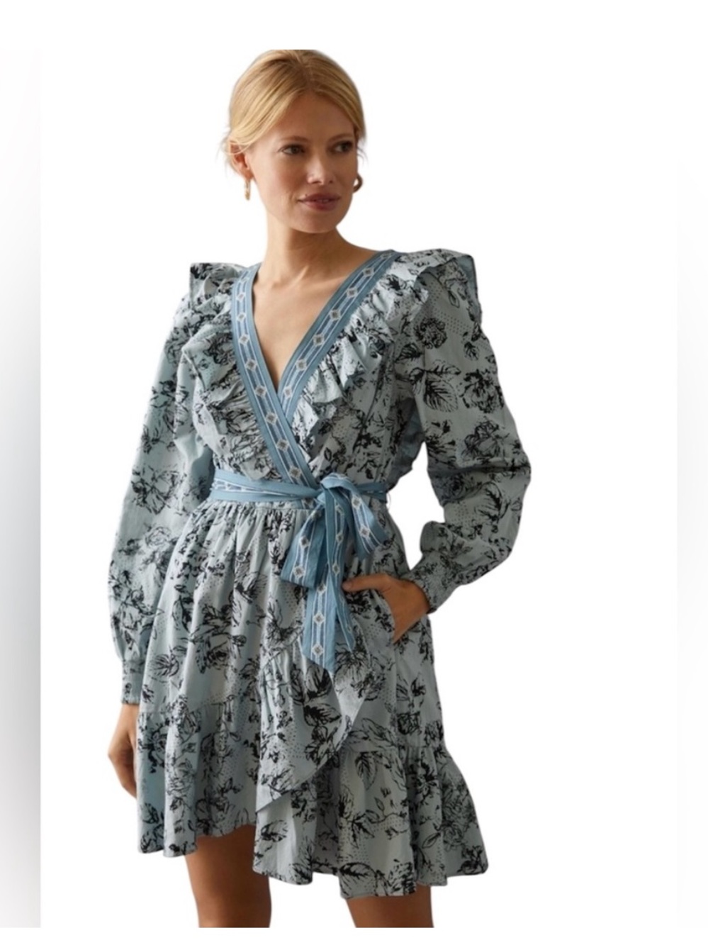 Anthropologie Betty Blue Floral Ruffle Mini Dress Petite S